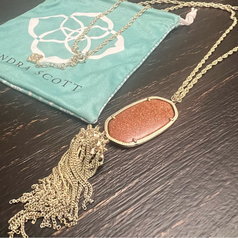 Kendra Scott Rayne Goldstone Pendant Tassel Necklace in Gold Tone